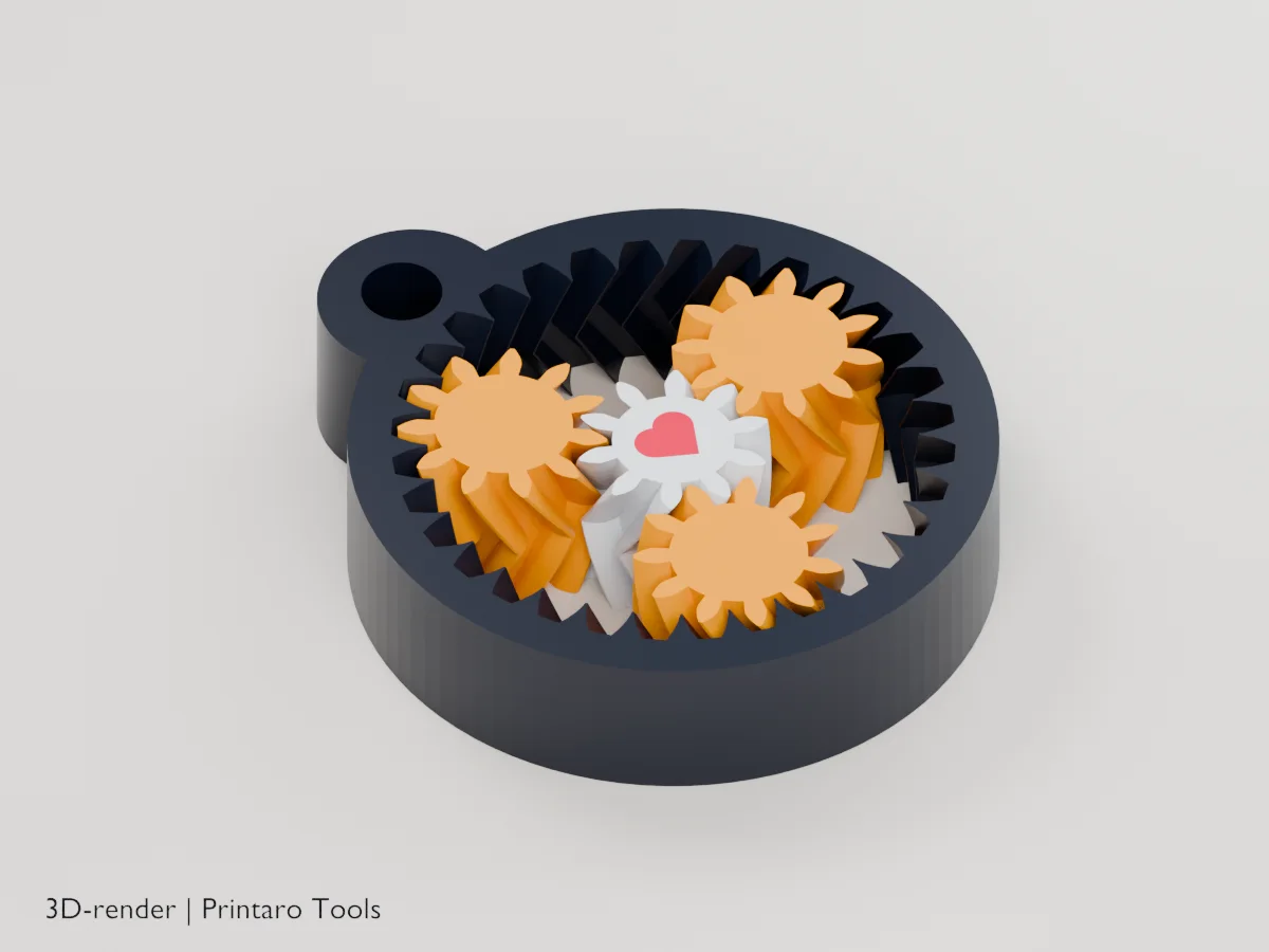 Planetary Gear Fidget, keyring 40, closer view from above (3D render)